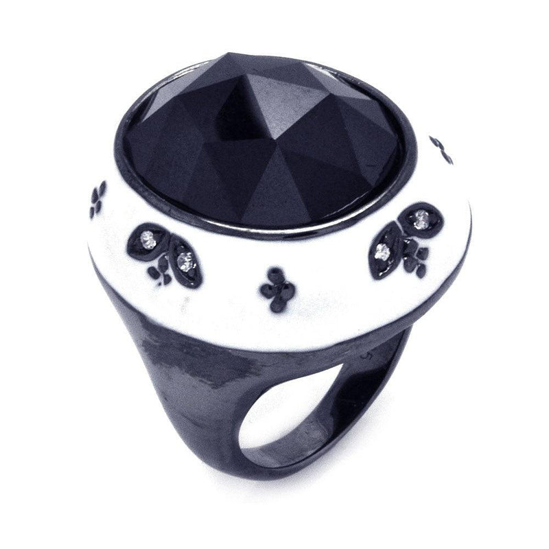 Closeout-Silver 925 Black Rhodium Plated White Enamel Black Center Clear CZ Dome Ring - STR00870 | Silver Palace Inc.