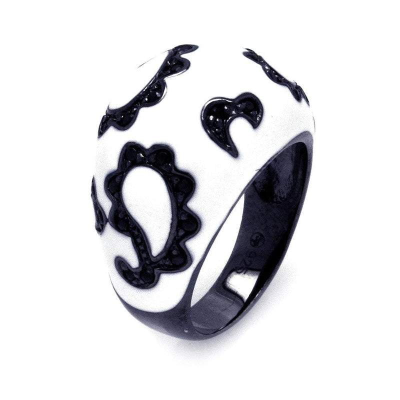 Closeout-Silver 925 Black Rhodium Plated White Enamel Paisley Black CZ Dome Ring - STR00872 | Silver Palace Inc.