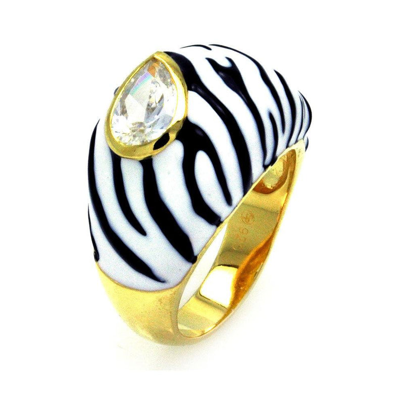 Closeout-Silver 925 Gold Plated Black White Enamel Clear Pear CZ Zebra Stripe Dome Ring - STR00873 | Silver Palace Inc.