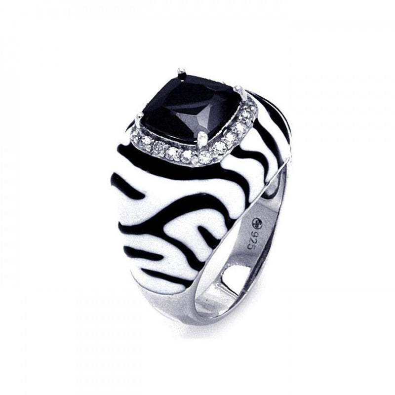 Closeout-Silver 925 Rhodium Plated Black White Enamel Black Center White Cluster CZ Zebra Stripe Ring - STR00874 | Silver Palace Inc.