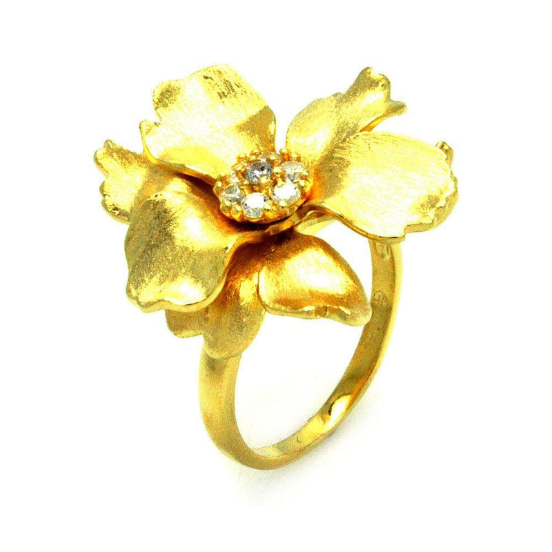 Closeout-Silver 925 Gold Plated Matte Finish Clear CZ Flower Ring - STR00881 | Silver Palace Inc.