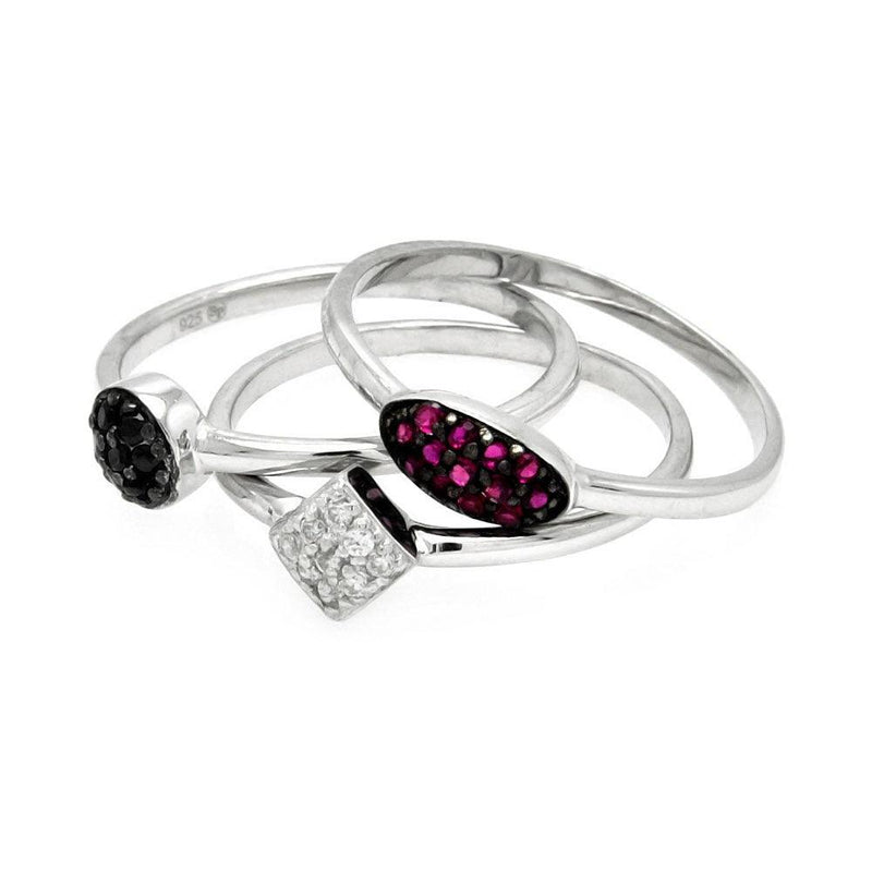 Silver 925 Rhodium and Black Rhodium Plated Clear Black Purple Pave Set CZ Ring Set - STR00899 | Silver Palace Inc.