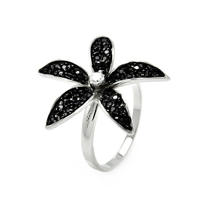 Closeout-Silver 925 Black and Silver Rhodium Plated Small Round CZ Flower Ring - STR00904 | Silver Palace Inc.