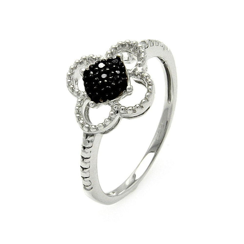 Silver 925 Black and Silver Rhodium Plated Black and Clear CZ Flower Ring - STR00909 | Silver Palace Inc.