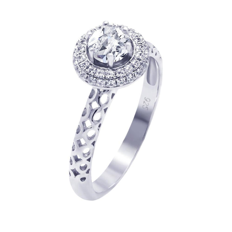 Silver 925 Rhodium Plated Micro Pave Clear Cluster Round Center CZ Perforated Ring - ACR00037 | Silver Palace Inc.
