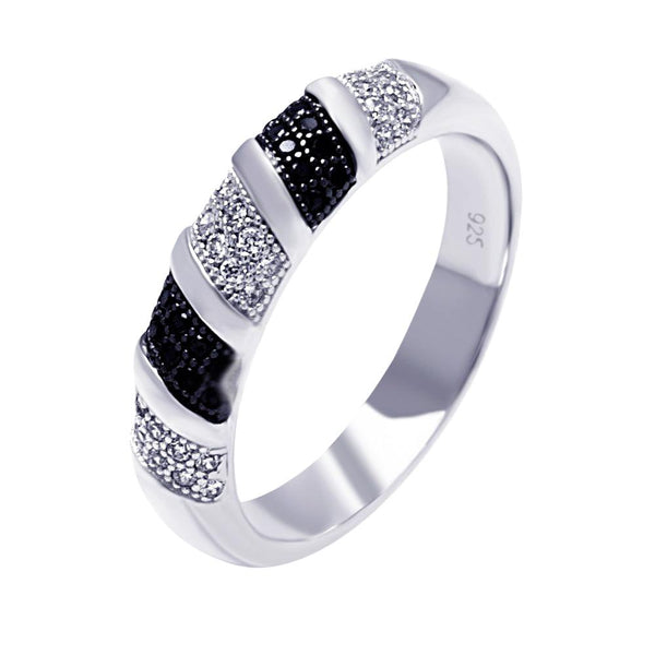 Silver 925 Rhodium and Black Rhodium Plated Black and Clear Micro Pave CZ Stripe Ring - ACR00055 | Silver Palace Inc.