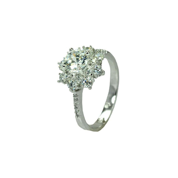 Silver 925 Rhodium Plated Clear Round Center Micro Pave Set CZ Flower Bridal Ring - BGR00732 | Silver Palace Inc.
