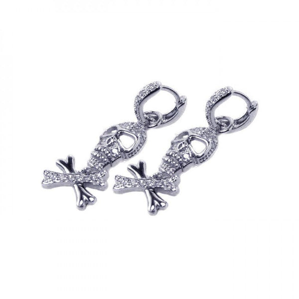 Silver 925 Rhodium Plated Bone and Skull CZ Dangling huggie hoop Earrings - STE00205 | Silver Palace Inc.