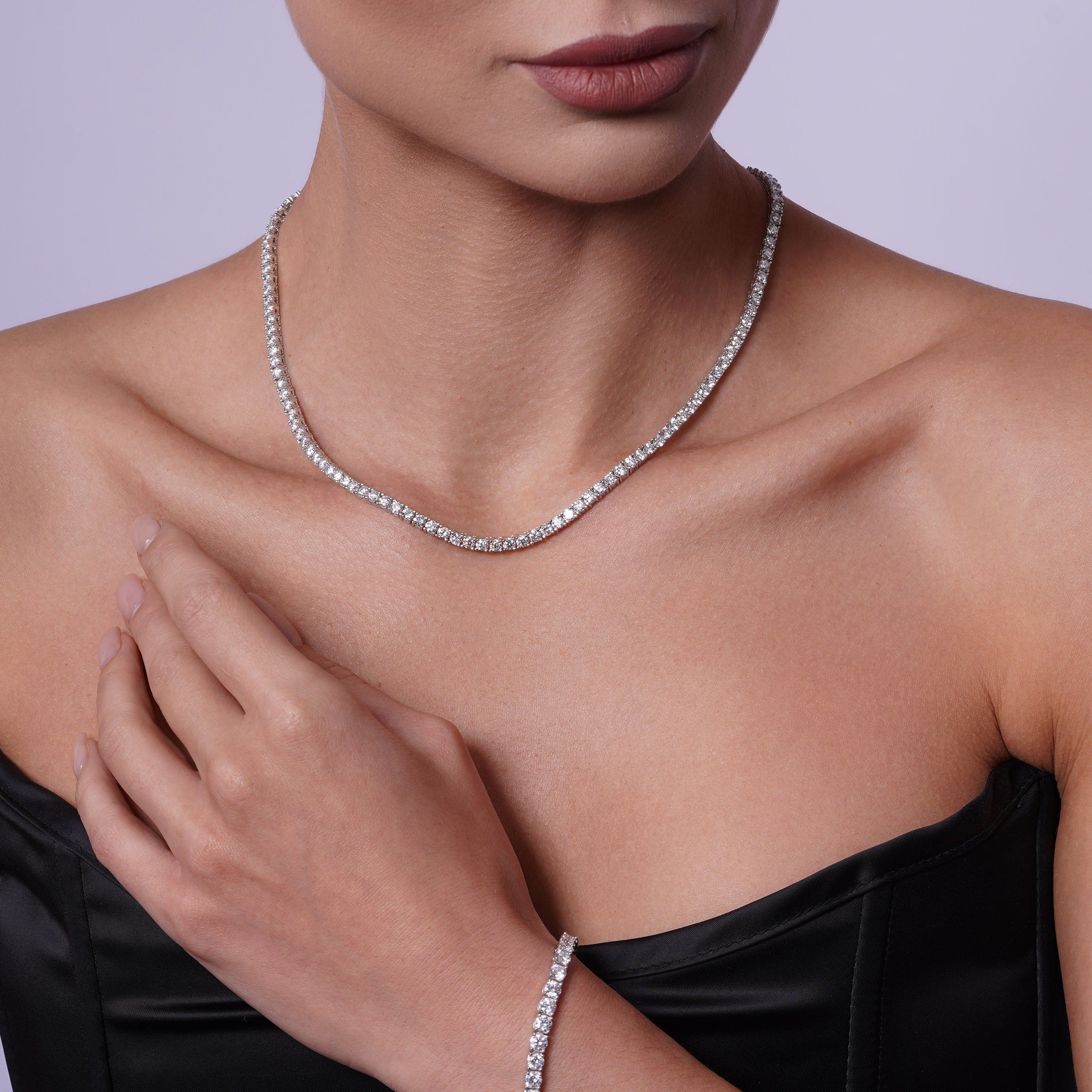 Rhodium Plated 925 Sterling Silver Moissanite Stone 3mm Tennis Necklace - MGMN00016