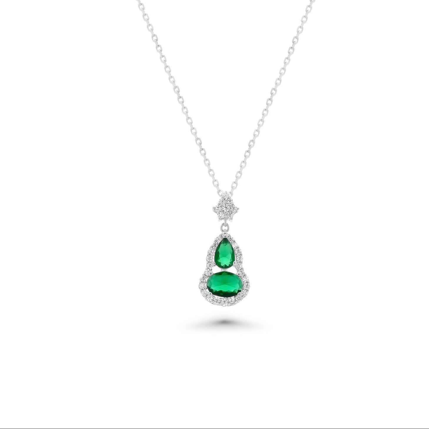 Rhodium Plated 925 Sterling Silver Teardrop & Oval Emerald CZ Earring and Necklace Matching Set - PAS00038
