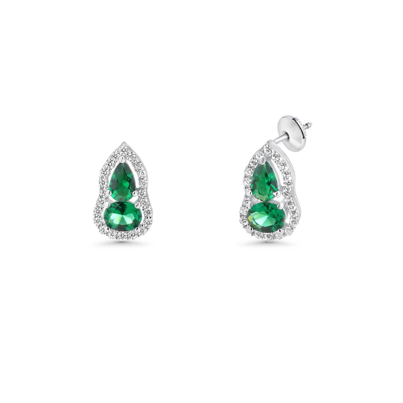 Rhodium Plated 925 Sterling Silver Teardrop & Oval Emerald CZ Earring and Necklace Matching Set - PAS00038
