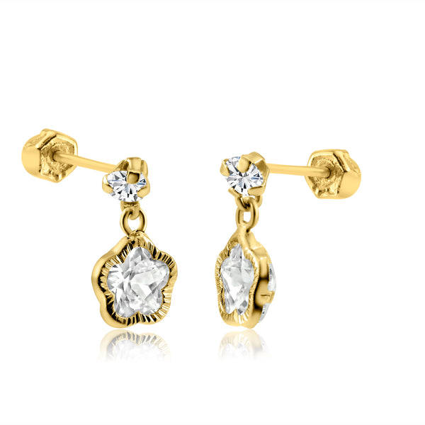 14E00265. - 14 Karat Yellow Gold Dangling Star Clear CZ Screw Back Earring