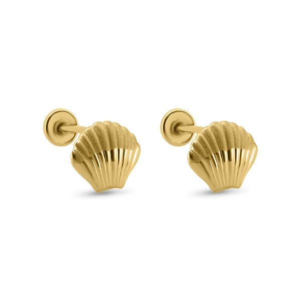14E00390. - 14 Karat Yellow Gold Seashell Screw Back Earrings