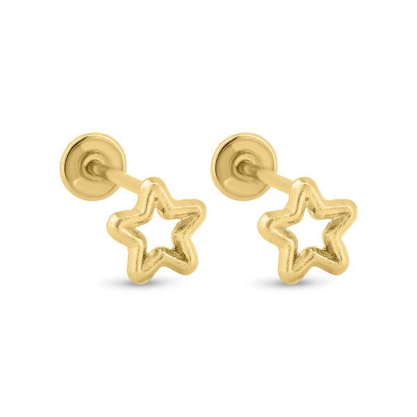 14E00396. - 14 Karat Yellow Gold Star Outline Screw Back Earrings