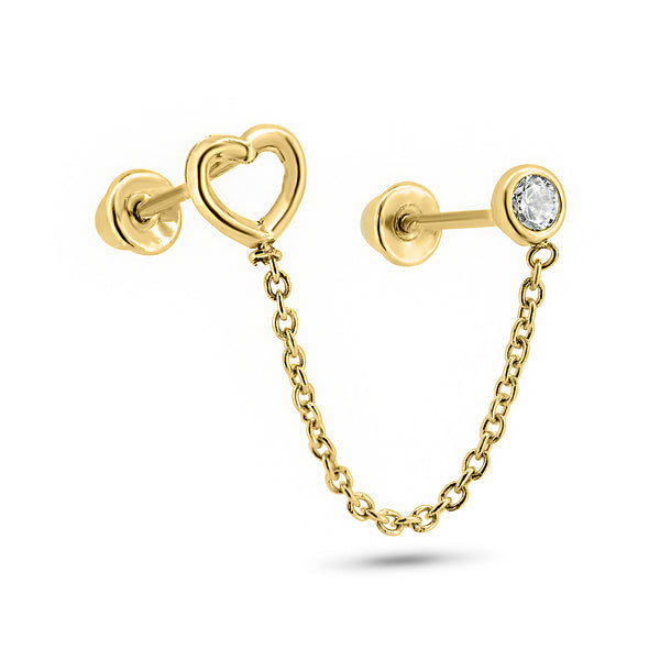 14E00402. - Pendientes de oro amarillo de 14 quilates con doble piercing en forma de corazón y circonitas redondas transparentes con cierre de rosca.