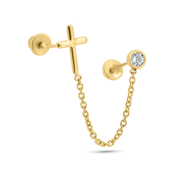 14E00403. - 14 Karat Yellow Gold Double Piercing Cross and Round Clear CZ Screw Back Earrings