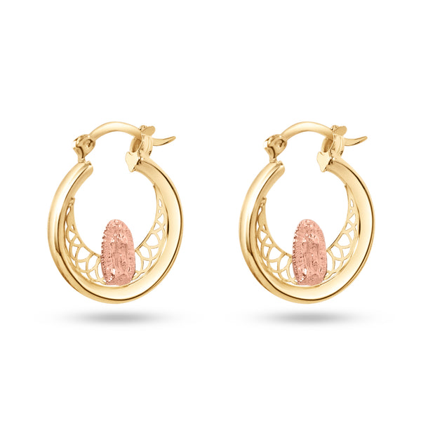 14E00417. - 14 Karat Yellow Gold 2 Tone 18mm Our Lady of Guadalupe Clear CZ Hoop Earrings