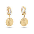 14E00420. - 14 Karat Yellow Gold Diamond Cut Dangling Saint Jude Clear CZ 12mm Hoop Earrings