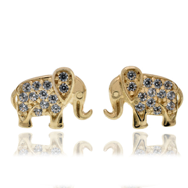 14E00463. - 14 Karat Yellow Gold Elephant Clear CZ 8mm x 7mm Screw Back Earring