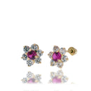 14E00467-RED - 14 Karat Yellow Gold Flower Red and Clear CZ 7.6mm Screw Back Earring