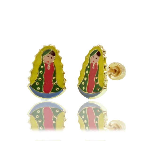 14E00472 - 14 Karat Yellow Gold 6.8mm x 9.5mm Omega Enamel Our Lady of Guadalupe Back Earring