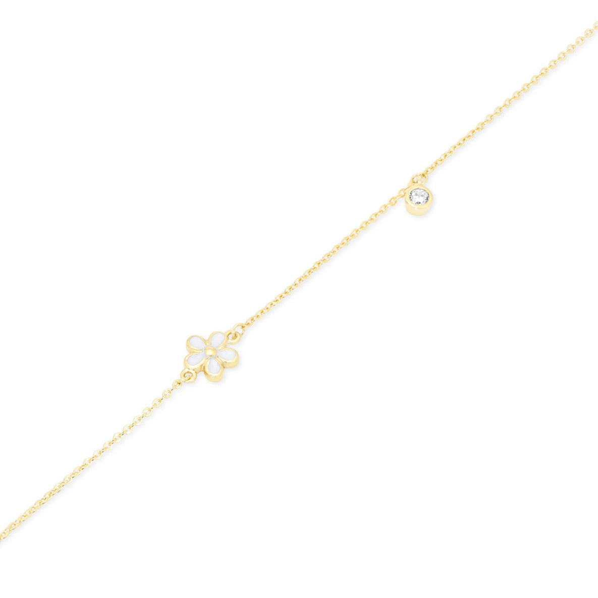 14KB0002. - 14 Karat Yellow Gold White Flower and Round Clear CZ Charm Adjustable Bracelet
