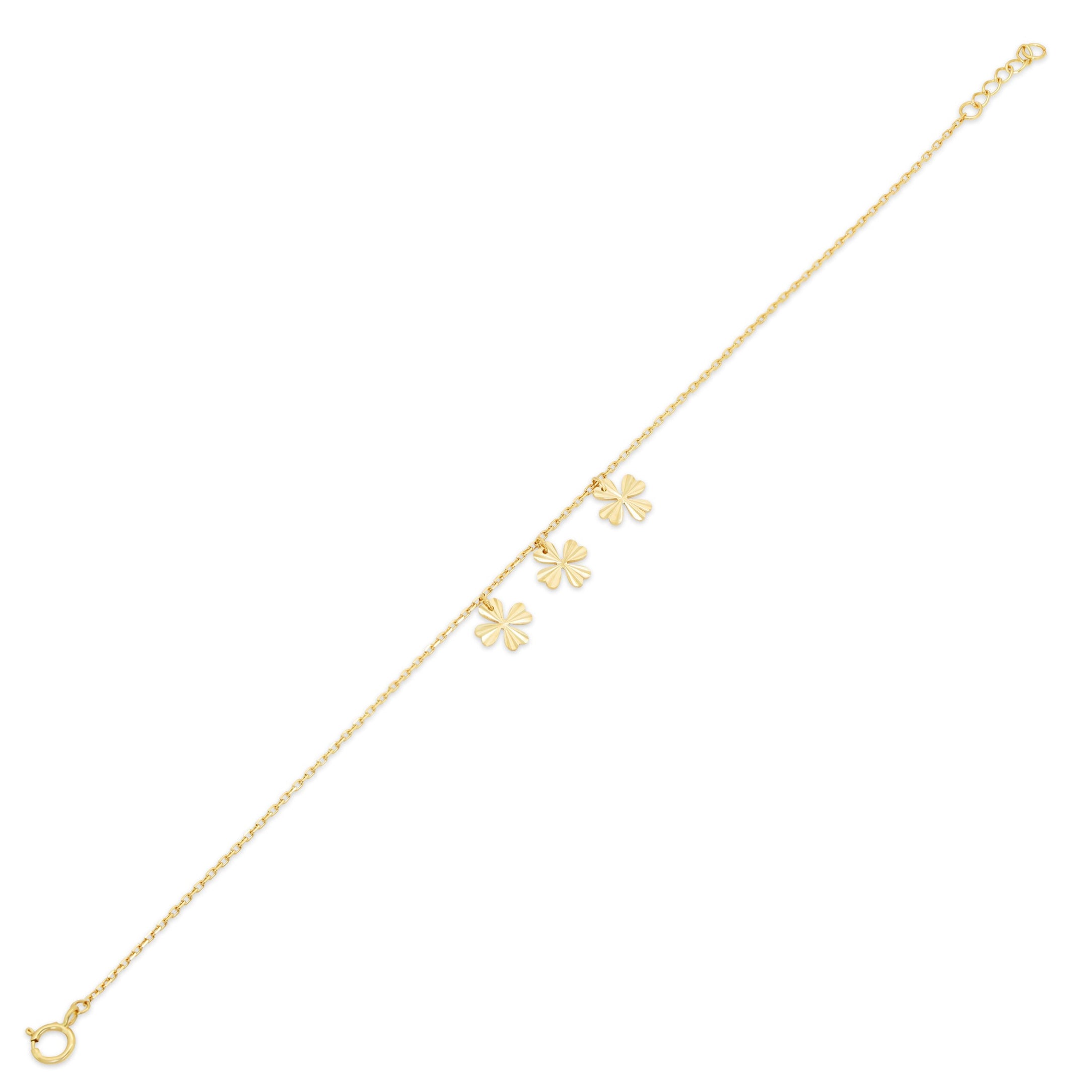 14KB0005. - 14 Karat Yellow Gold Diamond Cut Four Leaf Clover Charms Adjustable Bracelet