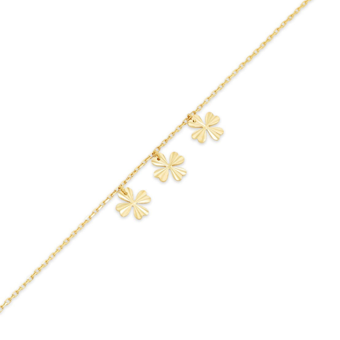 14KB0005. - 14 Karat Yellow Gold Diamond Cut Four Leaf Clover Charms Adjustable Bracelet