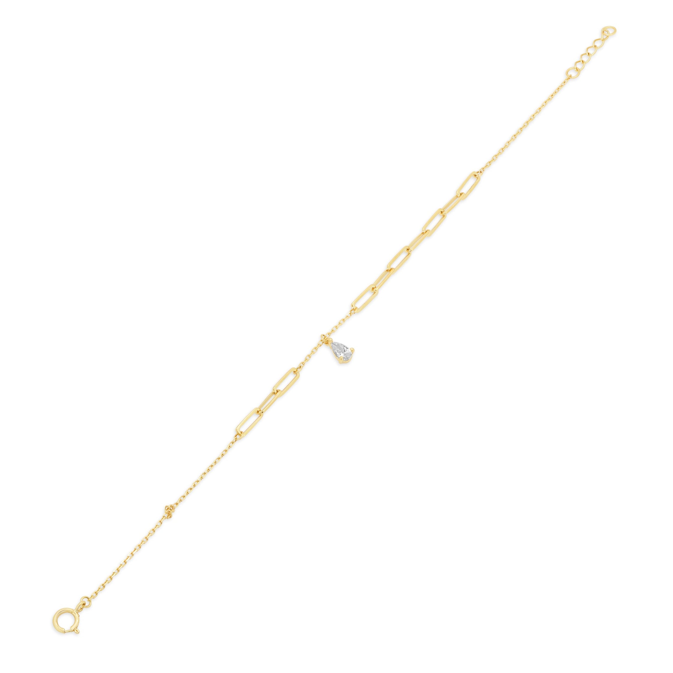 14KB0007. - 14 Karat Yellow Gold Teardrop CZ Charm Paperclip Adjustable Bracelet