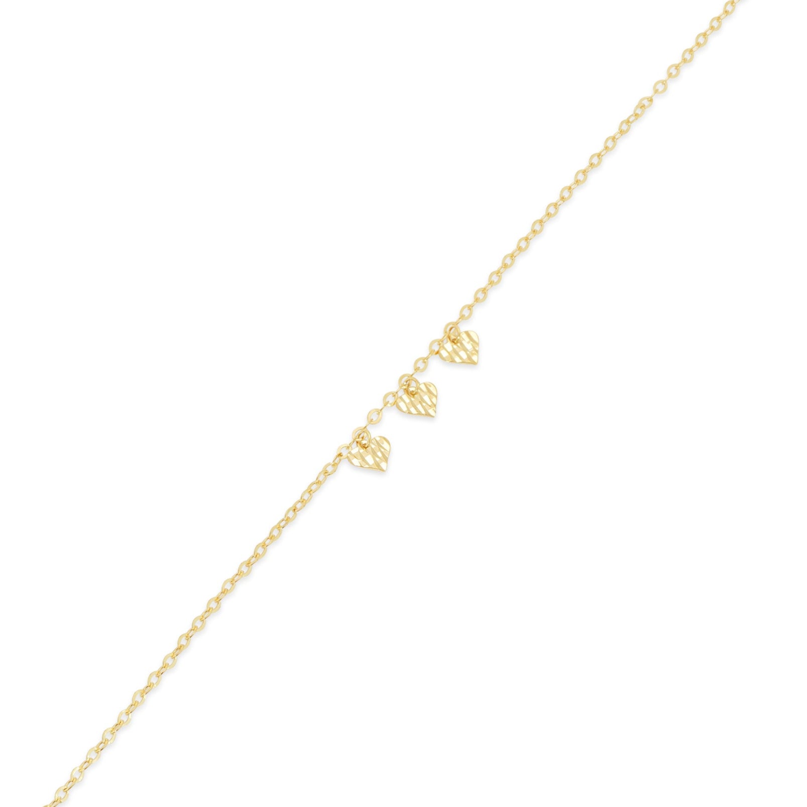 14KB0012. - 14 Karat Yellow Gold Three Diamond Cut Heart Charm Adjustable Bracelet