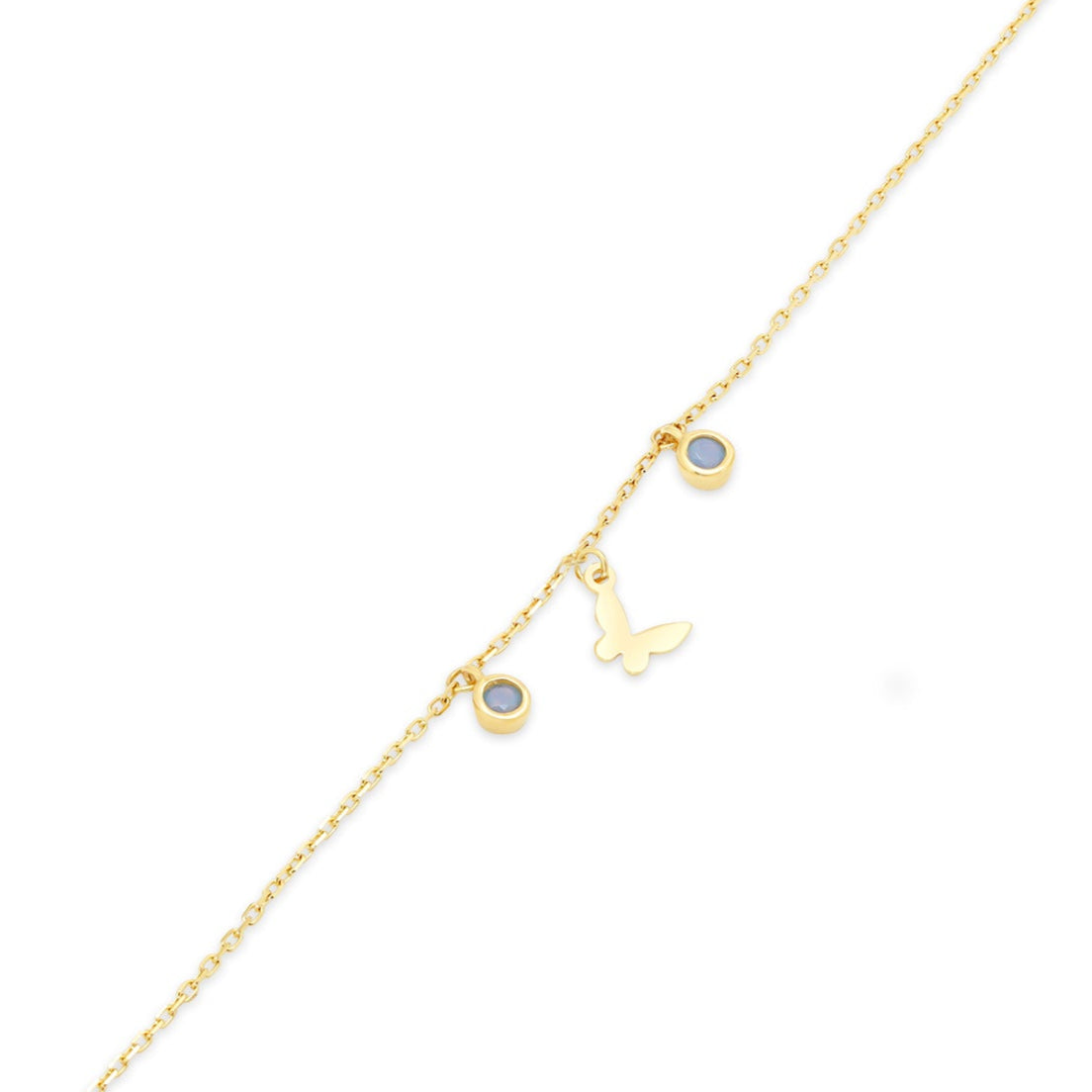 14KB0013. - 14 Karat Yellow Gold Butterfly and Round Opal Charms Adjustable Bracelet