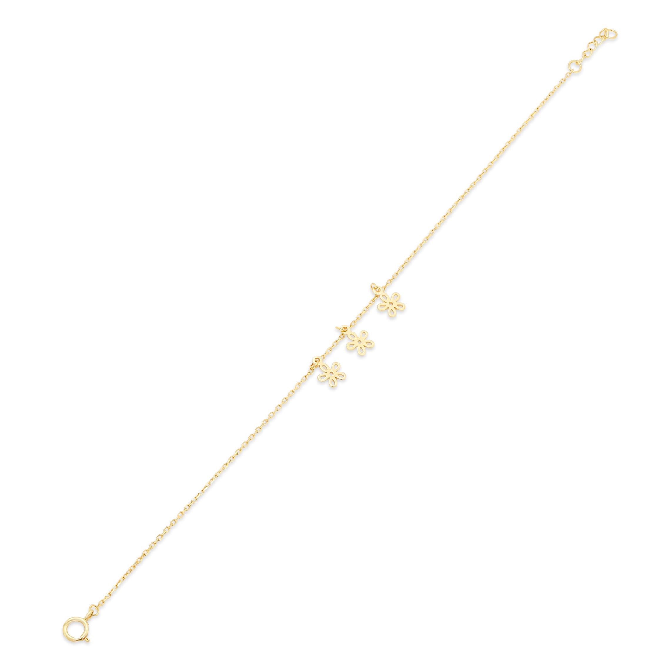 14KB0015. - 14 Karat Yellow Gold Three Flowers Charm Adjustable Bracelet