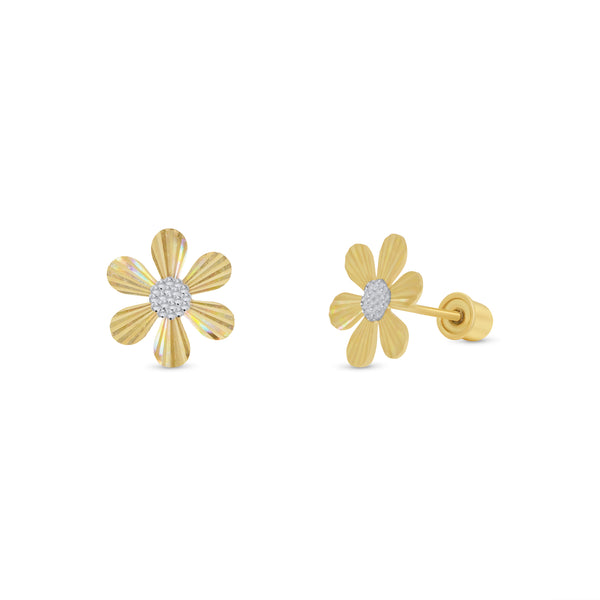 14KE0001. - Pendientes de margaritas iridiscentes en oro amarillo y blanco de 14 quilates