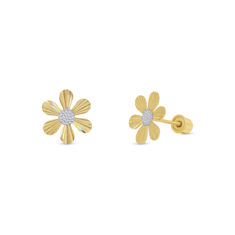 14KE0001. - Pendientes de margaritas iridiscentes en oro amarillo y blanco de 14 quilates