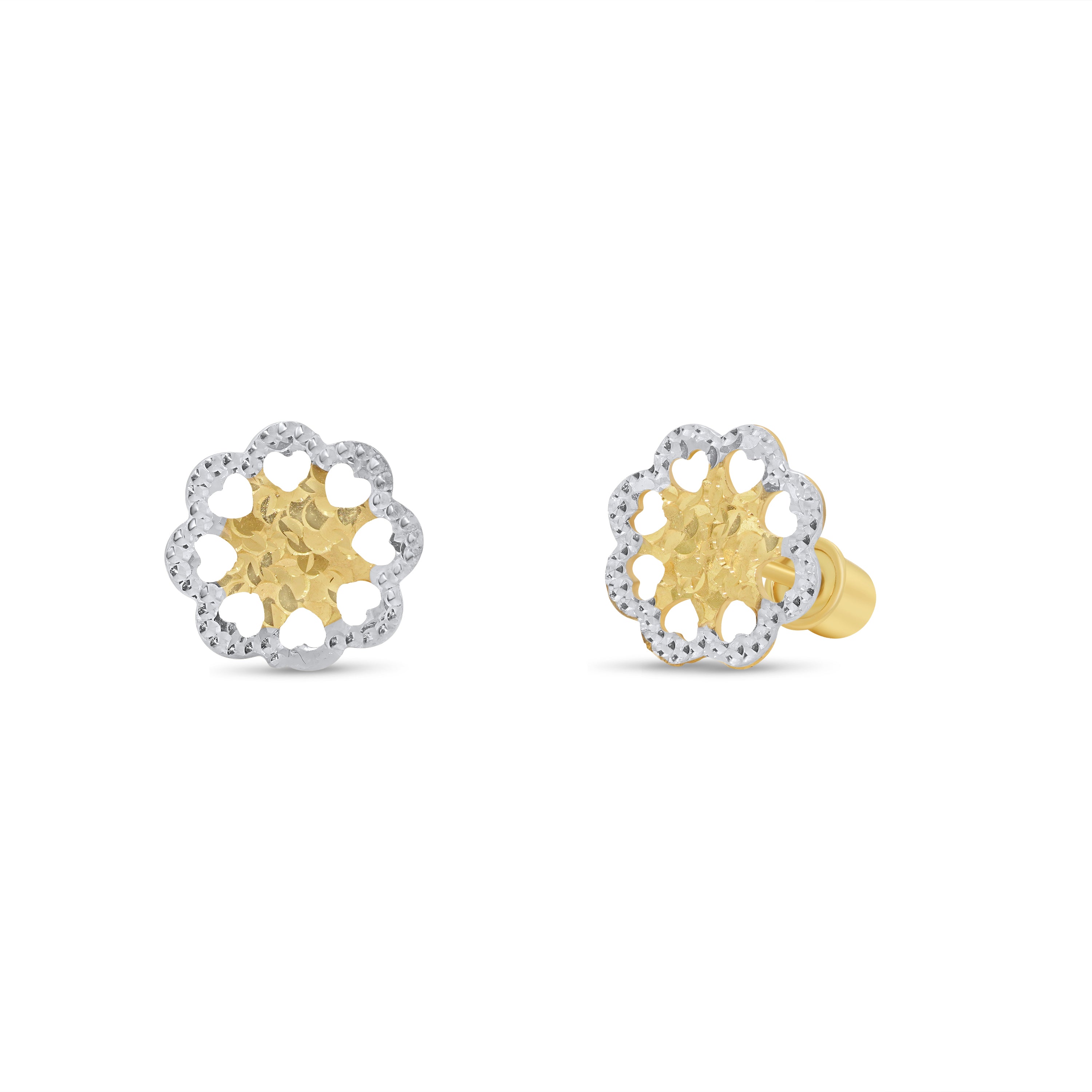 14KE0002. - 14 Karat Yellow & White Gold Diamond Cut Flower Earrings