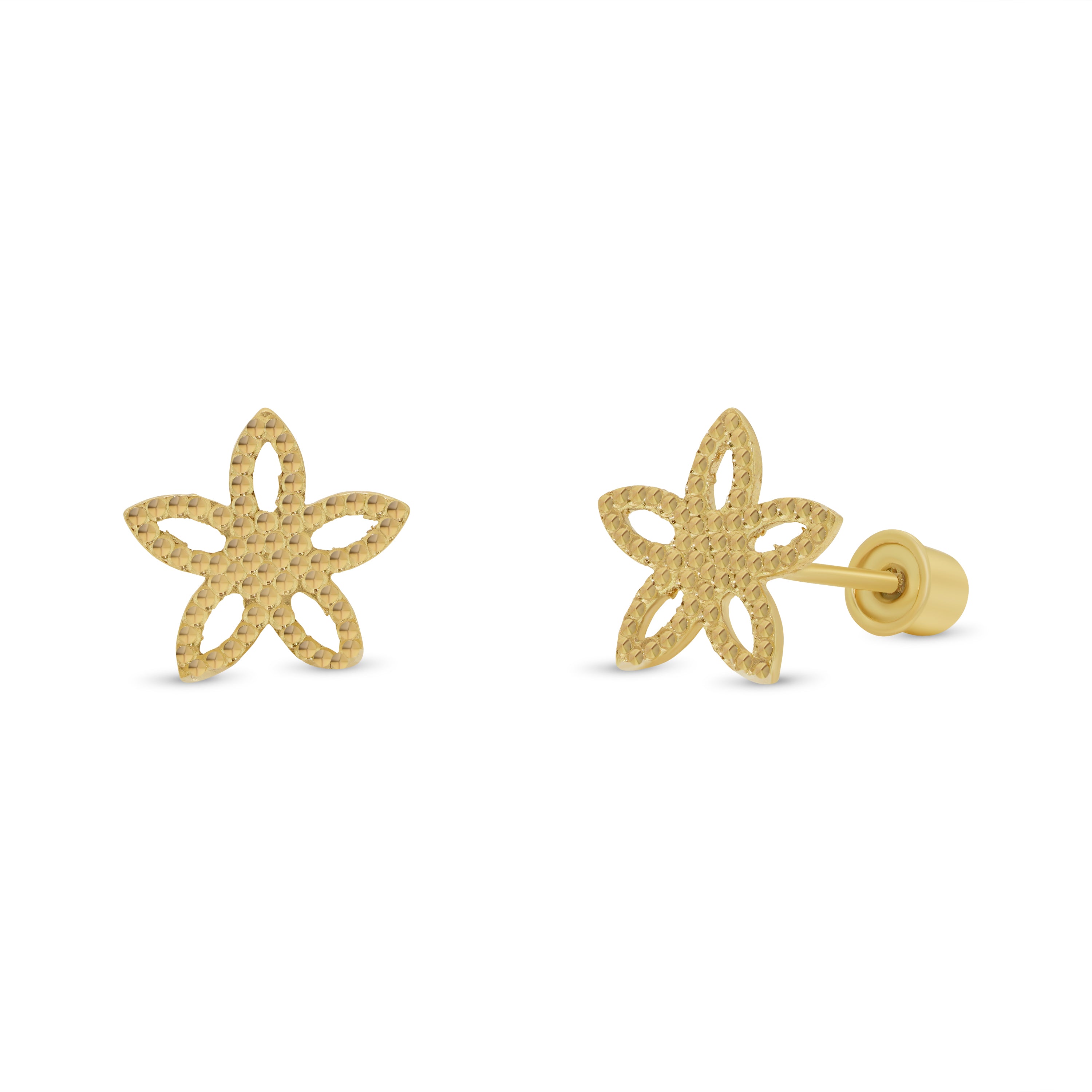 14KE0003. - 14 Karat Yellow Gold Diamond Cut Star Flower Earrings