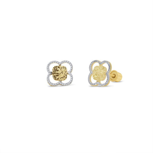 14KE0007. - Pendientes de flor tallada con diamante en oro amarillo de 14 quilates