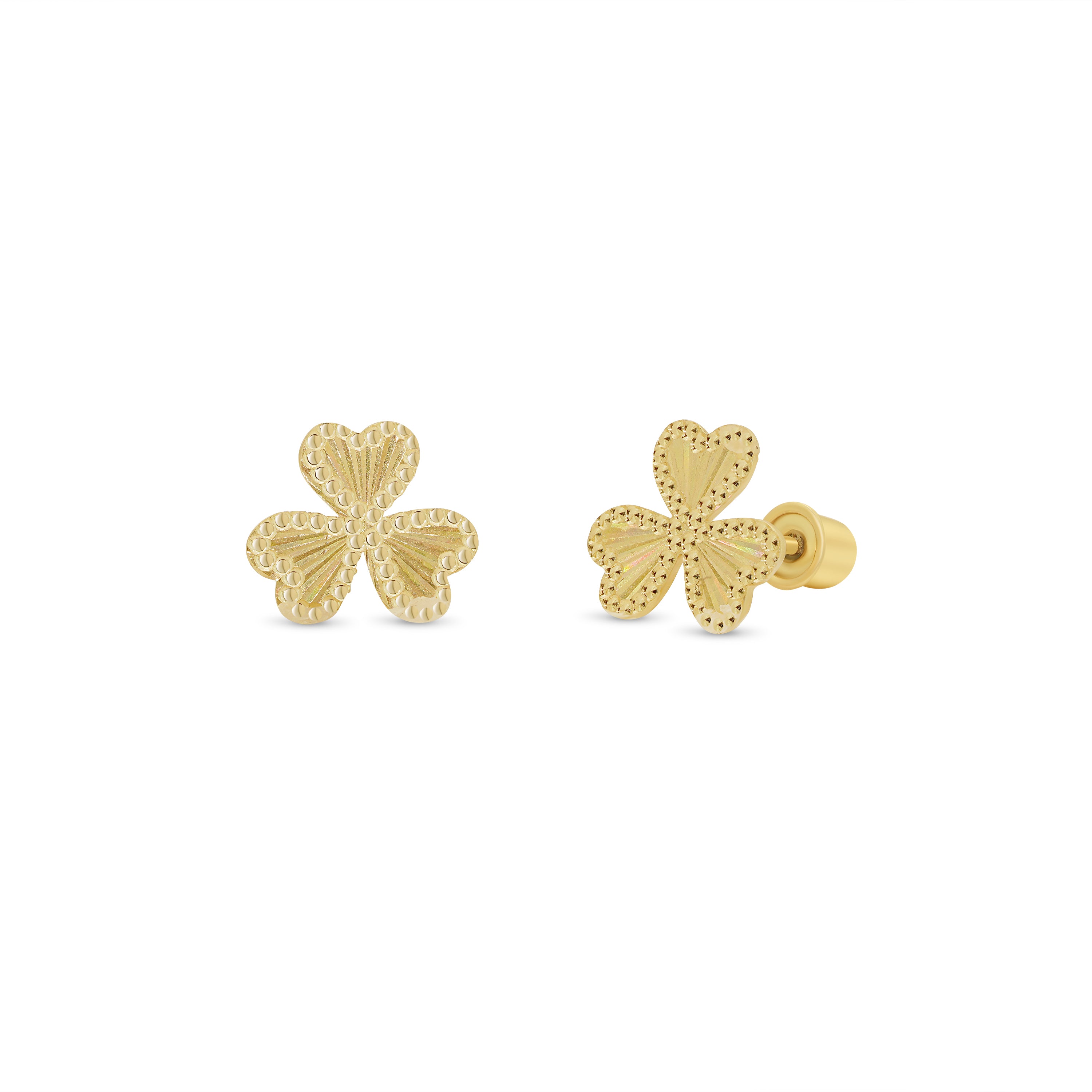 14KE0009. - 14 Karat Yellow Gold Beaded & Iridescent Diamond Cut Clover Earrings