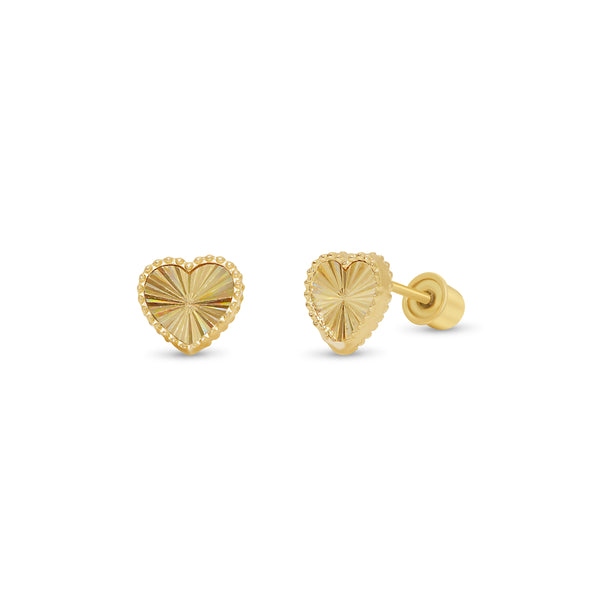 14KE0011. - Pendientes de corazón con corte de diamante iridiscente y cuentas de oro amarillo de 14 quilates
