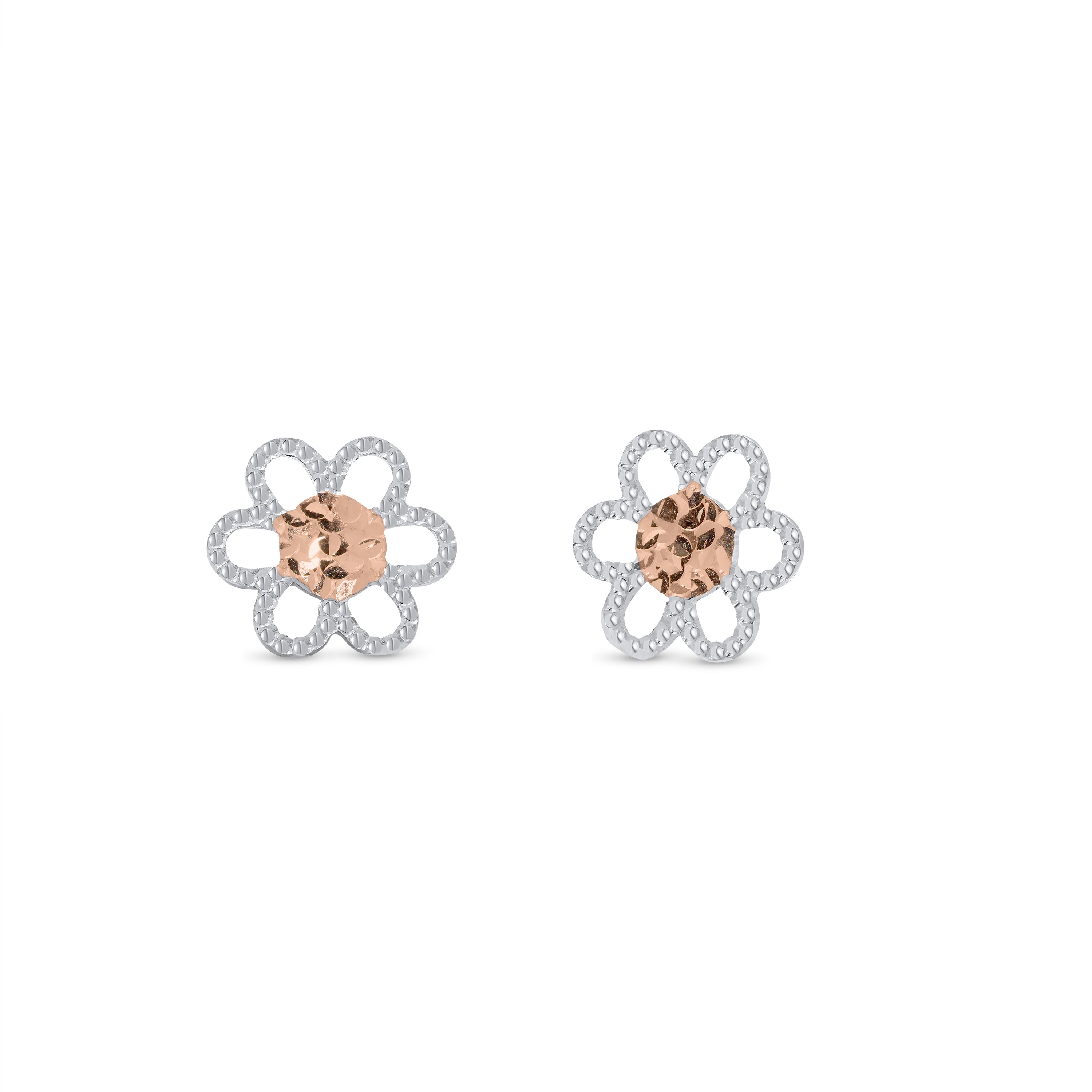 14KE0014. - 14 Karat White & Rose Beaded & Gold Diamond Cut Flower Earrings