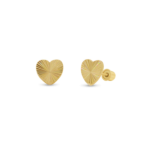 14KE0024. - Pendientes de corazón iridiscente con corte de diamante en oro amarillo de 14 quilates