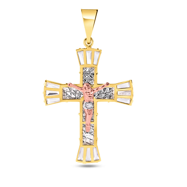14P00045 - 14 Karat Yellow Gold Crucifix Diamond Cut Baguette Clear CZ Pendant