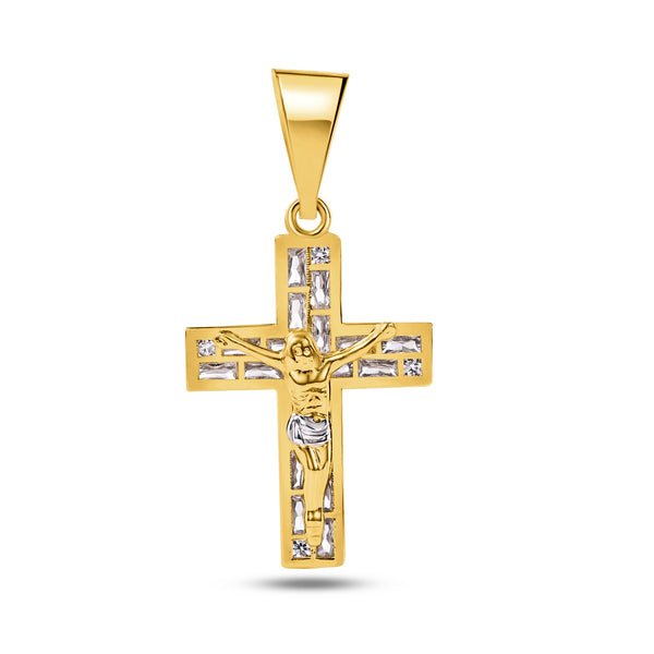 14P00046 - Colgante con crucifijo baguette de oro amarillo de 14 quilates con circonita transparente