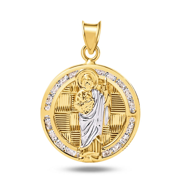 14P00050 - Colgante redondo de oro amarillo de 14 quilates con circonita transparente de St. Jude y corte de diamante