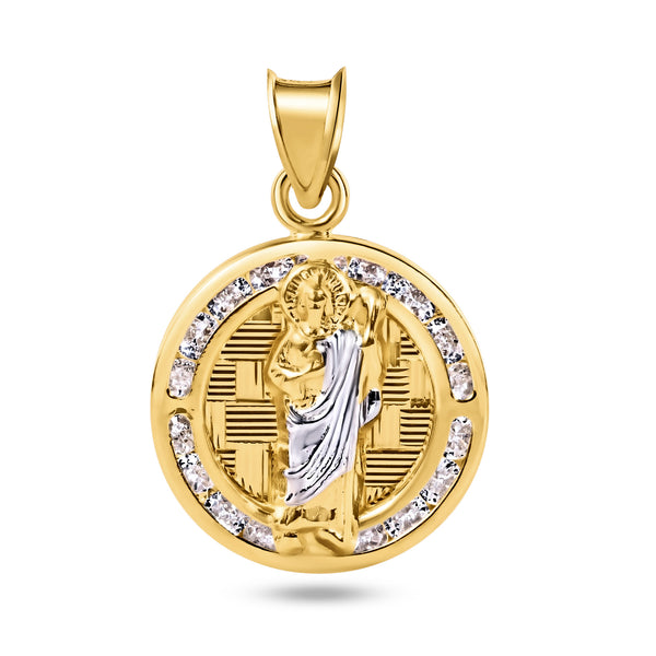 14P00051 - Colgante redondo de oro amarillo de 14 quilates con circonita transparente St. Jude y corte de diamante
