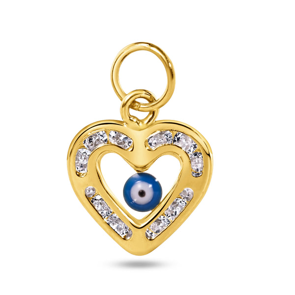 14P00062 - Colgante de oro amarillo de 14 quilates con forma de corazón y circonita transparente con mal de ojo