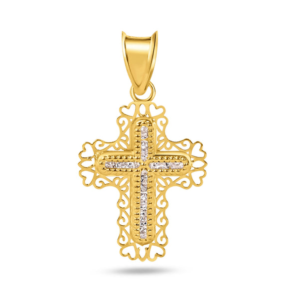 14P00064 - Colgante de circonita transparente con corte de corazón en forma de cruz con cuentas de oro amarillo de 14 quilates