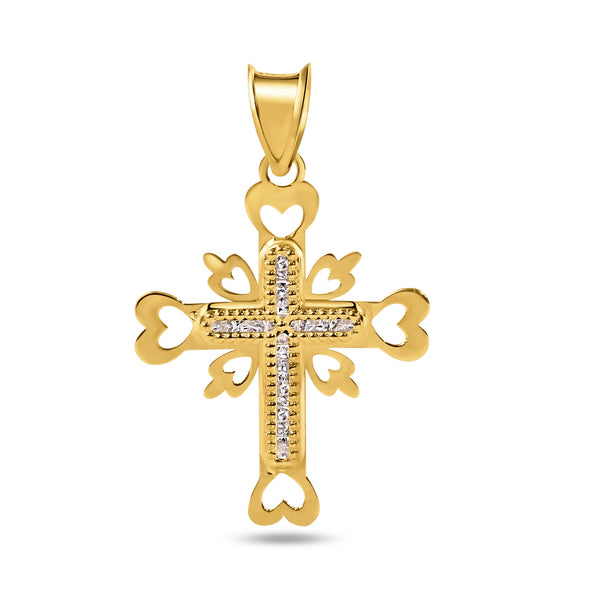 14P00065 - Colgante de circonita transparente con corte de corazón en forma de cruz con cuentas de oro amarillo de 14 quilates