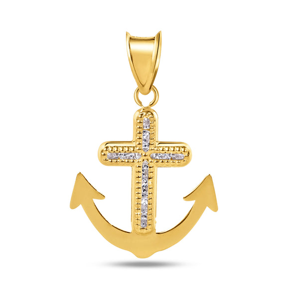 14P00067 - 14 Karat Yellow Gold Anchor Beaded Cross Clear CZ Pendant