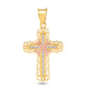 14P00069 - 14 Karat Yellow Gold Cross Two Tone Heart Cutout Border Clear CZ Pendant